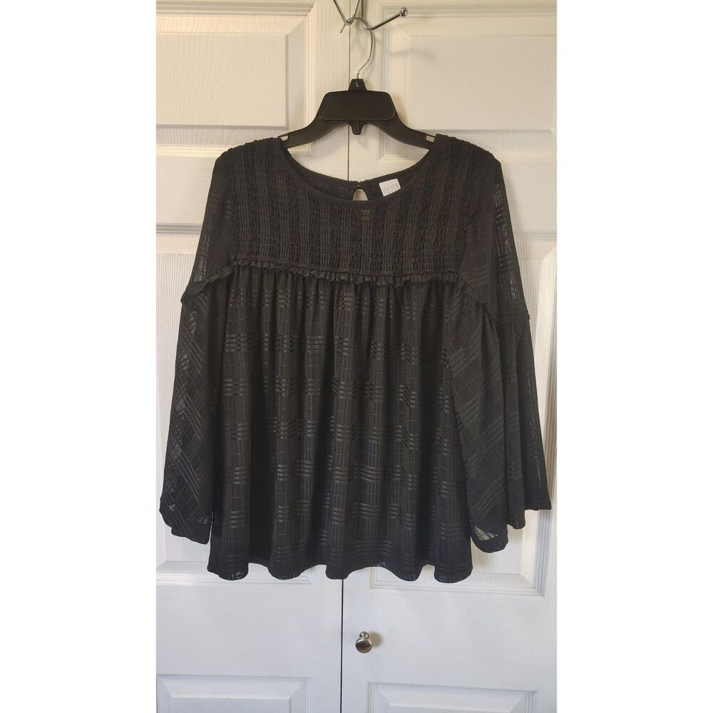 Time and Tru Black Smocked Yoke Bell Sleeve Blouse - Textured Large